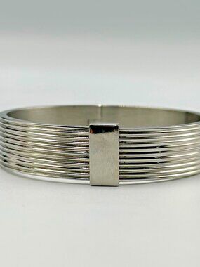 Stainless Steel Bangle Bracelet Men Women Silver Ribbed Textured Hinged 7.75"